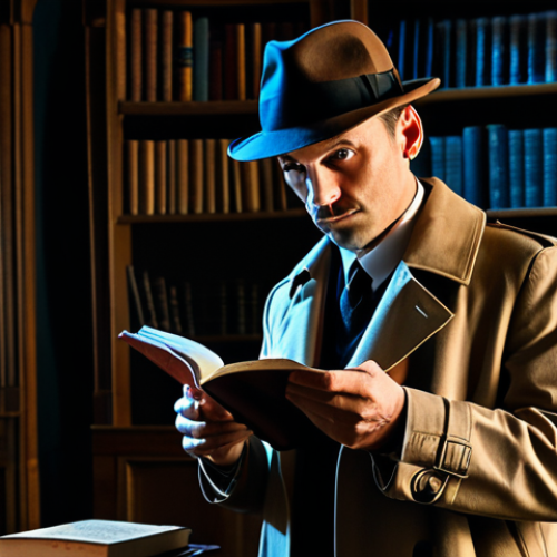 Home 4 A professional male detective, wearing a classic trench coat and a fedora, with a uniquely rounded and prominently circular head shape that is distinctively charming and unconventional. He is standing thoughtfully in a dimly lit, elegant study filled with antique books and a globe, holding a magnifying glass. The scene is captured with professional lighting, crisp detail, and a warm, inviting color palette. safe for work, appropriate content, fully clothed, professional dress, perfect anatomy, correct proportions, natural pose, well-formed hands, proper finger count, natural body proportions.