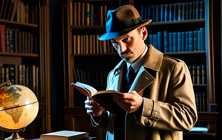 A professional male detective, wearing a classic trench coat and a fedora, with a uniquely rounded and prominently circular head shape that is distinctively charming and unconventional. He is standing thoughtfully in a dimly lit, elegant study filled with antique books and a globe, holding a magnifying glass. The scene is captured with professional lighting, crisp detail, and a warm, inviting color palette. safe for work, appropriate content, fully clothed, professional dress, perfect anatomy, correct proportions, natural pose, well-formed hands, proper finger count, natural body proportions.